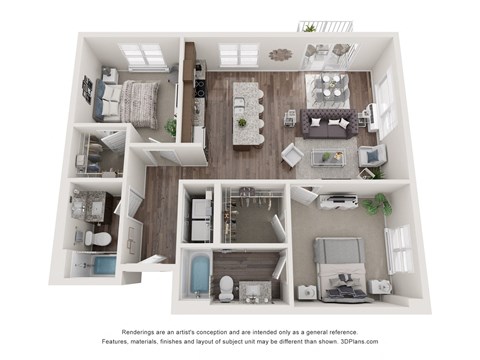 Floor plan for 2 beds, 2 baths, 1059 sqft